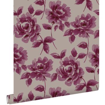 papier peint roses peintes à l'aquarelle violet aubergine et taupe de ESTAhome