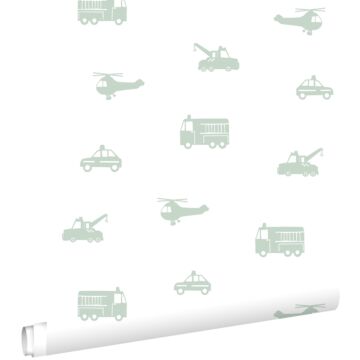 papier peint voitures, camions de pompiers, hélicoptères et grues vert menthe sur blanc de ESTAhome