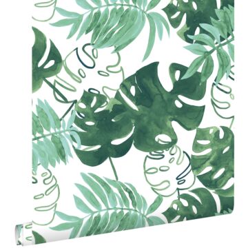 papier peint feuilles tropicales de jungle peintes vert émeraude intense de ESTAhome