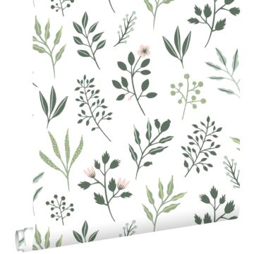 papier peint fleurs au style scandinave blanc et vert grisé de ESTAhome