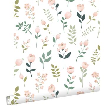 papier peint fleurs blanc, rose et vert de ESTAhome