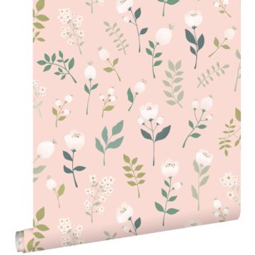 papier peint fleurs rose clair, vert et blanc de ESTAhome