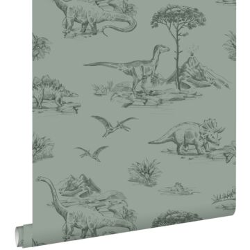 papier peint dinosaures vert grisé de ESTAhome