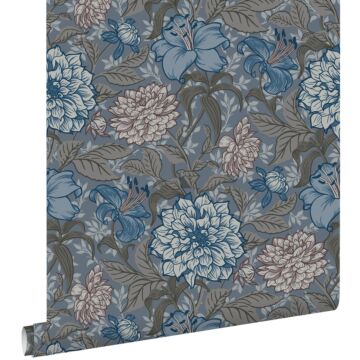 papier peint fleurs vintage bleu gris et gris chaud de ESTAhome