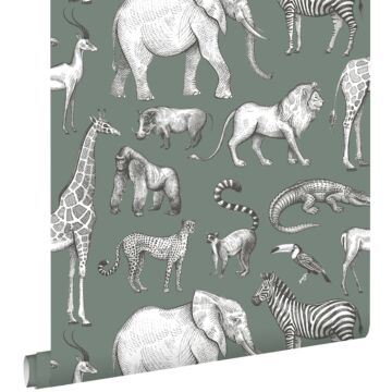 papier peint animaux de la jungle vert grisé de ESTAhome