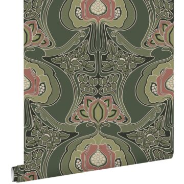 papier peint fleurs vintage de style art nouveau vert foncé de ESTAhome