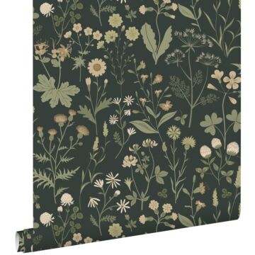 papier peint fleurs des champs gris charbon de bois et vert de ESTAhome