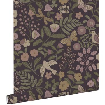 papier peint fleurs et oiseaux violet aubergine, vert olive grisé et lilas violet de ESTAhome