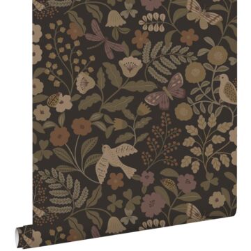 papier peint fleurs et oiseaux brun foncé, vert olive grisé et lilas violet de ESTAhome