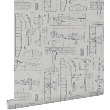 papier peint dessins de construction d'avions taupe et bleu grisâtre de ESTAhome