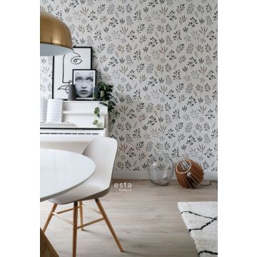 papier peint salle à manger fleurs au style scandinave blanc, gris et rose 139081
