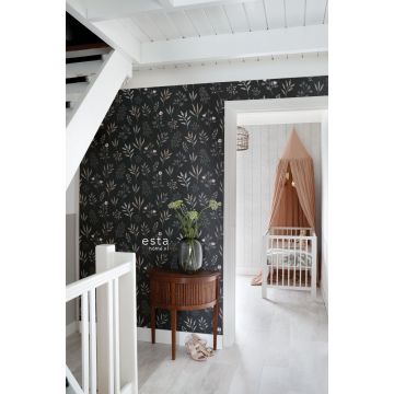 papier peint couloir fleurs au style scandinave noir, gris, beige et rose 139083