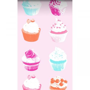 papier peint intissé XXL petits gâteaux madeleines rose, bleu, blanc et orange de ESTAhome