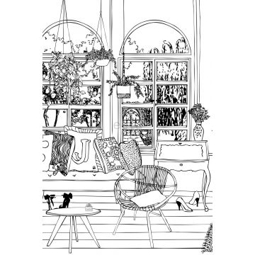 papier peint panoramique dessin d'un salon noir et blanc de ESTAhome