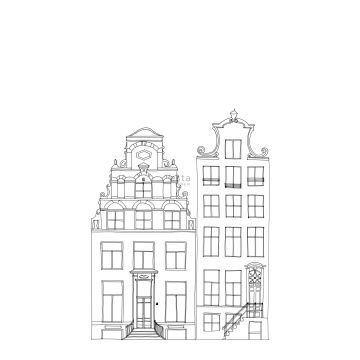 papier peint panoramique maisons bordant les canaux d'Amsterdam dessinées noir et blanc de ESTAhome