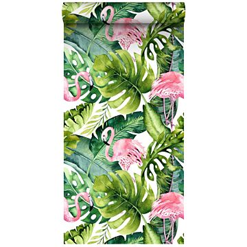 papier peint intissé XXL feuilles tropicales avec des flamants roses vert et rose de ESTAhome
