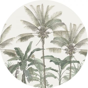 papier peint panoramique rond adhésif palmiers beige clair et vert grisé de ESTAhome