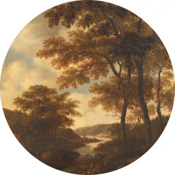 papier peint panoramique rond adhésif paysage boisé orange de ESTAhome