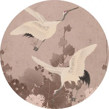 papier peint panoramique rond adhésif oiseaux de grue gris rose de ESTAhome
