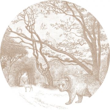 papier peint panoramique rond adhésif forêt avec des animaux de la forêt beige de ESTAhome