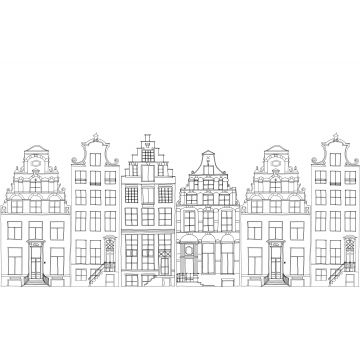 papier peint panoramique maisons bordant les canaux d'Amsterdam dessinées noir et blanc de ESTAhome
