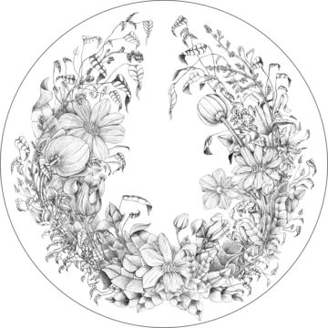 papier peint panoramique rond adhésif fleurs noir et blanc de ESTAhome