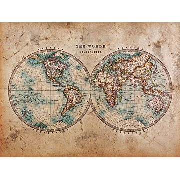 papier peint panoramique carte des deux hémisphères marron et bleu vert de ESTAhome