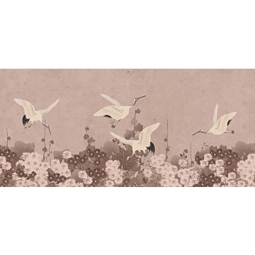 papier peint panoramique oiseaux de grue gris rose de ESTAhome