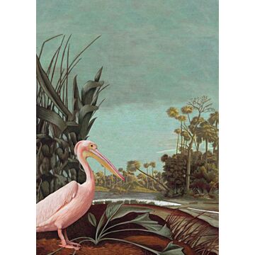 papier peint panoramique paysage tropical turquoise grisé, marron, vert foncé et rose clair de ESTAhome
