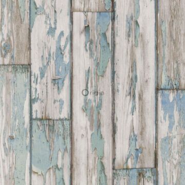 papier peint imitation bois bleu canard et gris de Origin Wallcoverings