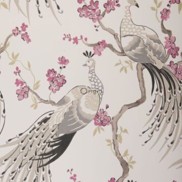 papier peint oiseaux de paradis taupe et violet aubergine de Origin Wallcoverings