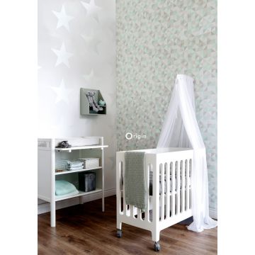 papier peint chambre bébé triangles vert menthe pastel, gris chaud clair, blanc mat et vert émeraude brillant 337206