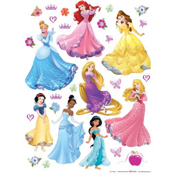 sticker mural Princesses bleu, jaune, violet et rose de Disney