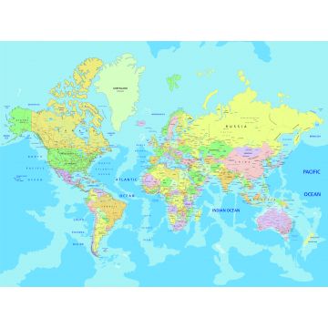 papier peint panoramique carte du monde bleu, jaune et vert de Sanders & Sanders