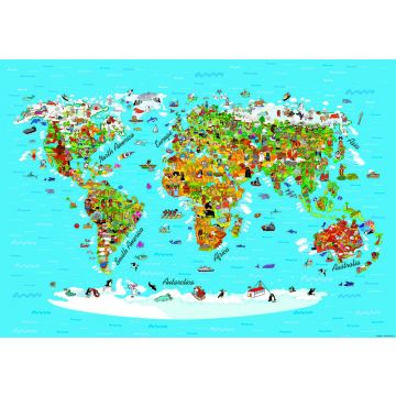 papier peint panoramique carte du monde pour enfants bleu, jaune et vert de Sanders & Sanders