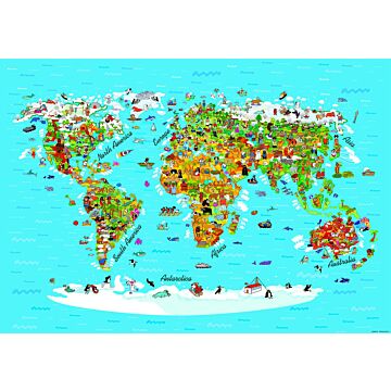 papier peint panoramique carte du monde pour enfants bleu, jaune et vert de Sanders & Sanders