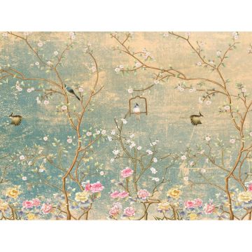 papier peint panoramique fleurs et oiseaux bleu canard, rose et beige de Sanders & Sanders