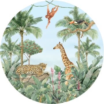 papier peint panoramique rond adhésif animaux de la jungle vert, bleu et beige de Sanders & Sanders
