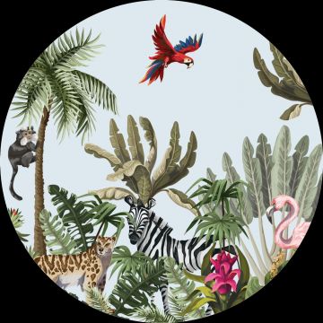papier peint panoramique rond adhésif animaux de la jungle vert, bleu et rose de Sanders & Sanders
