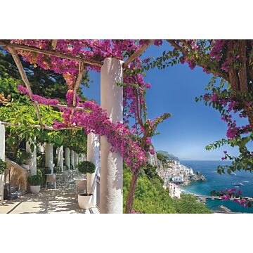 papier peint panoramique Amalfi bleu, vert et rose de Komar
