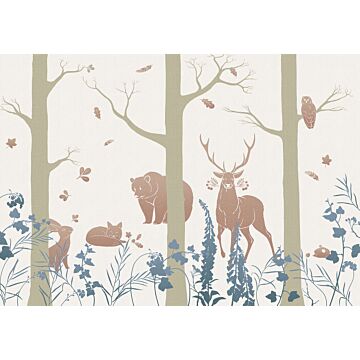 papier peint panoramique animaux de la forêt bleu, beige et couleur sable de Sanders & Sanders