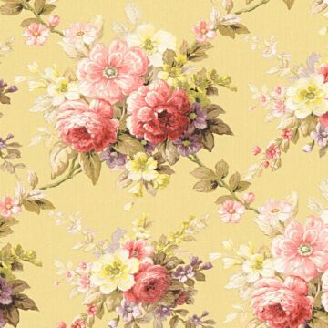 papier peint fleurs vintage rose, jaune et vert olive grisé de A.S. Création