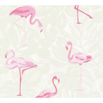papier peint feuilles tropicales avec des flamants roses sable beige et rose de A.S. Création