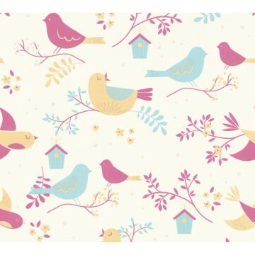 papier peint oiseaux rose, bleu et jaune de A.S. Création