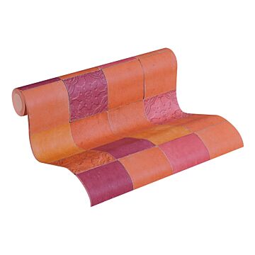 papier peint motif de carrellages orange chaude et rose de Livingwalls