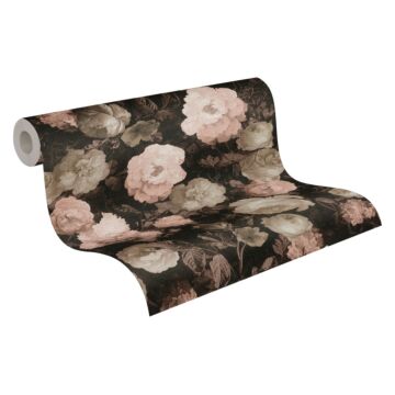 papier peint fleurs vintage rose clair, beige crème et noir de A.S. Création
