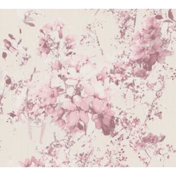 papier peint fleurs rose, lilas violet, beige crème et blanc de A.S. Création