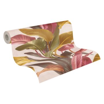 papier peint feuilles tropicales vieux rose, vert olive grisé et jaune ocre de Livingwalls