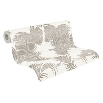 papier peint feuilles de palmier beige crème, argent et blanc brillant de A.S. Création