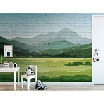 papier peint panoramique montagnes vert, bleu et gris de One Wall one Role